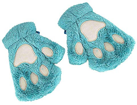 Tonsee 1 Paar Handschuhe Fingerlos Damen Mädchen Plüsch Halb Handschuhe Dicken Warmen Fingerhandschue Niedlich Cartoon Tier Bär Katze Krallen Fäustlinge Winterhandschuhe (Blau)