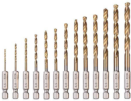 Saipor 13pcs Titanium Coated Twist Drills Bit Set (1.5mm - 6.5mm), 1/4 Hex Shank Quick Change Drill Bits for Steel, Wood, Plastic, Aluminum