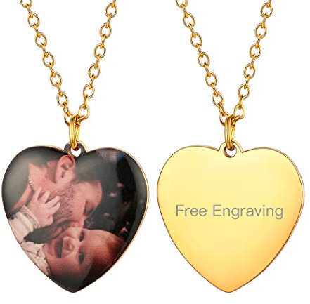 Suplight Damen Fotokette personalisiert Herzanhänger mit Rolokette 18K Vergoldet Bild Name Text Gravur Fotoanhänger Mädchen Modeschmuck Geschenk für Ehefrau Freundin