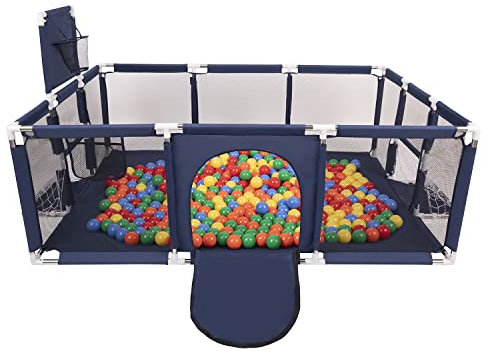 Selonis Laufstall Baby Großer Spielplatz Mit 200 Bälle Laufgitter Für Kinder, Dunkelblau:Gelb/Grün/Blau/Rot/Orange