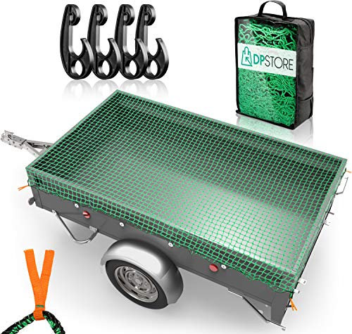 DPStore® Anhängernetz - 2mx3m Netz mit 4 Eckmarkierungen + Befestigungshaken (Set 4Stück) - Ladungssicherungsnetz mit Spanngummi für optimalen Halt für Anhänger!