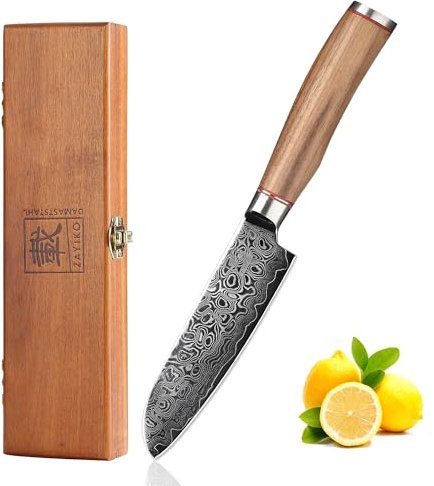 zayiko Kurumi Premium kleines Santokumesser mit 12 cm Klinge gefertigt aus 67 Lagen echtem Damaststahl mit Nussbaumgriff I Holzbox I Damastmesser Küchenmesser und Profi Kochmesser