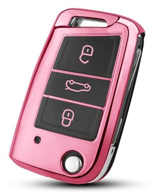 QBUC Autoschlüssel Hülle für VW,Schlüsselhülle Cover für VW Golf 7 Polo Skoda TPU Schlüsselbox 3 Tasten Auto Kratzfest Schlüssel Cover (Rosa)