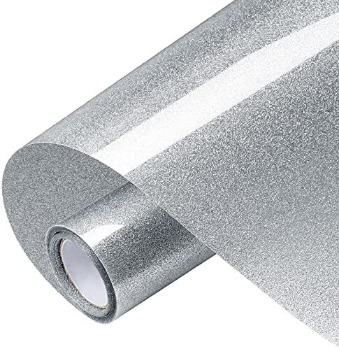 VinylRus Glitter Heat Transfer Vinyl Rolls-10” x 8ft Silver Iron on Vinyl for Shirts,Glitter HTV Vinyl for All Cutter Machine