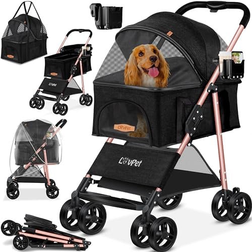 LOVPET® Hundewagen 2in1 Hundebuggy Hundebox Transporttasche Faltbar klappbar bis 20kg Haustiere Buggy mit Netzfenstern Getränkehalter, Regenschutzabdeckung & Kuscheldecke Jogger Buggy für Haustiere