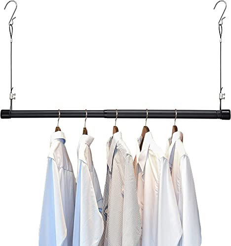 Hängender Kleiderstange Schrankstange,38-127cm Teleskopstange Einstellbare Hängender Klemmstange Kleiderschrank aus Edelstahl Ausziehbare Garderobenstange Spannstange für Garderobe/Mattschwarz