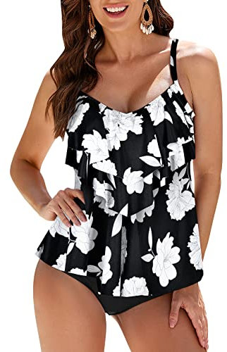 WIN.MAX Damen Tankini Bademoden Sets Hohe Taille Rüschen Volant 2 Stück Bikini Set Schwimmkostüm Plus Size Badeanzug(Weiße Stockrose,EU44)