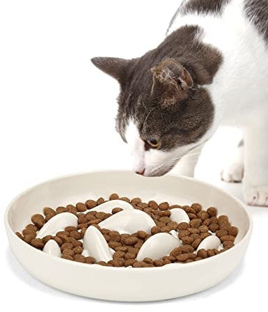 PETTOM Anti Schling Napf Katze, Antischlingnapf Katze Hunde Nassfutter, Slow Feeder Katze rutschfest, Katzennapf Langsam Fressen mit Hoher Kante gegen Herausfallen (16×16 cm, Weiß)