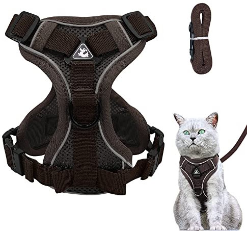 Verstellbares Katzengeschirr Ausbruchsicher, Katzengeschirr mit Leine Set, Softgeschirr für Katze Brustgeschirr für Katzen Kitten Hunde Welpen (Braun -M)