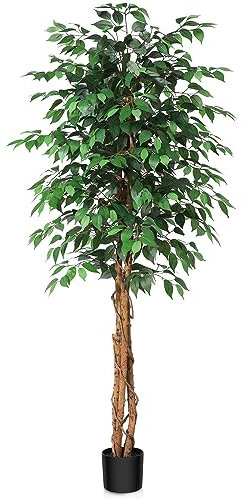 SOGUYI 180 cm Kunstpflanze Ficusbaum - Kunstpflanzen wie echt mit Stamm aus Naturholz, Große Künstliche Pflanzen für Büro, Zuhause, Innen- und Außendekoration, 1 Packung