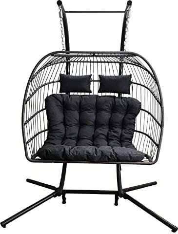 Samuel ALEXANDER Grey Luxury 2 Seater Double Hanging Egg Chair Garden Outdoor Swing Folding Cocoon Chair Rattan Garden Furniture Indoor & Outdoor Conservatory Furniture With Cushion Cover