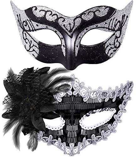 SIQUK 2 Piezas Máscara Veneciana Parejas Máscara Mascarada Media Cara Máscara para Mujer Hombre Halloween Carnaval, Negro & Plata