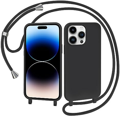 AOMYKE Coque pour iPhone 14 Pro Max avec Cordon, Collier Étui Silicone Liquide avec Tour de Cou Lanière en Corde Souple TPU Antichoc Housse - Noir