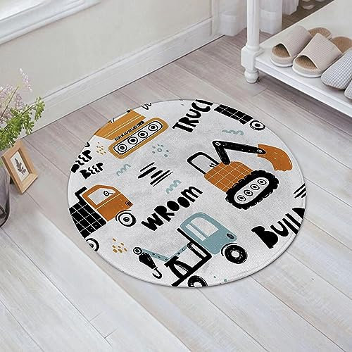 teppich rund 60 cm,badematte rutschfest Bagger Traktor Maschinen LKW Baufahrzeug Cartoon LKW Betonmischer Kr Weich Kurzflor Teppiche für Eingangsbereich Innen Dusche Zimmer Kinderzimmer Schlafzimmer