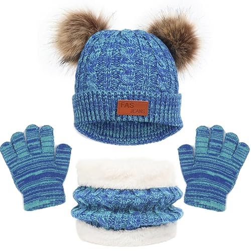 LINSOCLE 3in1 Kinder Wintermütze Schal Handschuhe Set, Strickmütze Babymütze Mütze Set, Jungen Warme Wintermütze Beanie Hut Handschuhe Runder Schal Set für 2-6 Jahre