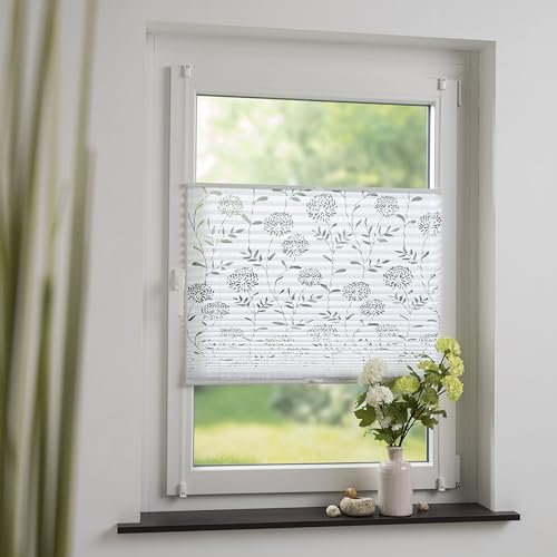 Klemmfix-Plissee mit ausgebranntem Blumen-Motiv, halbtransparent, ohne Bohren oder Schrauben, inkl. Klemmträger, Breite: 40 cm/Länge: 130 cm, Farbe: weiß