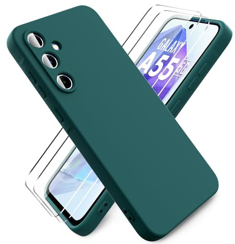 Ikziwreo - Hülle für Samsung Galaxy A55 5G Handyhülle, mit 2 Stück Displayschutzfolien, Reiner Farbe Ultradünne Weich Silikonhülle, Stoßfeste Anti-Scratch Gummi Schutzhülle - Nachtgrün