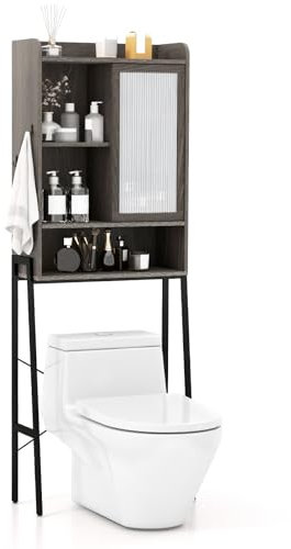 GOPLUS Meuble WC au-Dessus de Toilettes, Porte Coulissante en Acrylique, Étagères Crochets Réglables, Cadre en Métal, Meuble Rangement au Machine à Laver, 63x29x170cm (Gris)