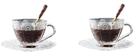 Generic Juego de 2 tazas de té y platillos de cristal, taza de café de vidrio en relieve y platillo, vasos elegantes vintage