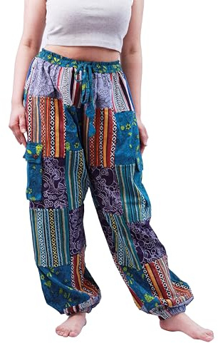 Himalayan Fashion Handmade Patchwork Mushroom Style Pants from Nepal Cotton Boho Hippie Trousers (XL)