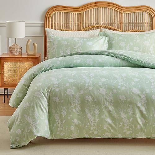 Nyescasa Bettwäsche 155x220 2 Teilig Grün Weiß Blumen Blätter Muster Bettwäsche-Set Pflanzen Botanisch Wendebettwäsche Weiche Mikrofaser Bettbezug mit Reißverschluss und Kissenbezug 80x80cm