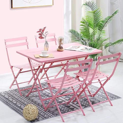 CAFIEDR Outdoor GThe Bench,5 Pieces Outdoor Patio Dining Set, 43” Square Metal fold Table and 4 Metal fold Chairs,Patio Premium Steel Patio Bistro Set (Pink)