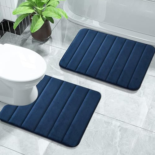 Super Soft Memory Foam Velvet Mat - Modern Design Anti Slip Bath Mat 2 Pieces Sets 50 x 80 cm, 50 x 40 cm Washable Bathroom Door Mat - Navy