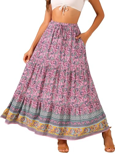Allegra K Damen Boho Rock Lässig Bohemian Blumenmuster Plissee Elastische Taille Maxiröck