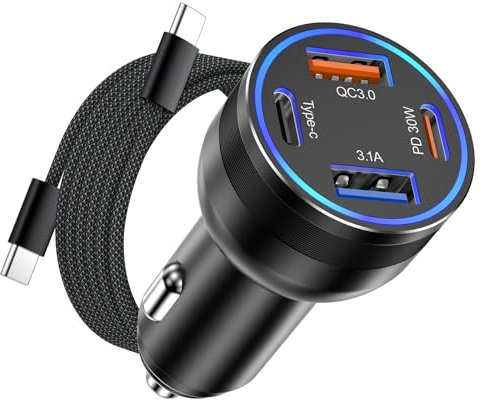 iPhone 15/16 Kfz-Ladegerät 65W 4-Port USB C Zigarettenanzünder Adapter Schnellladung mit 1.8M geflochtenem USB C Kabel für iPhone 15/16/16 Plus/16 Pro Max, iPad Pro/Air/Mini