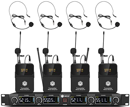W IN-MIX UW140 UHF 4 Channel Wireless Microphone System with Cordless Mic | Handheld Lavalier Headset Mics, Adjustable Frequency, Long Range 260ft, Ideal for Church,Karaoke,Weddings, Events