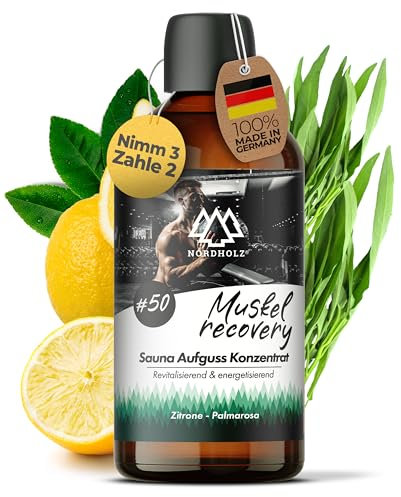 NORDHOLZ® Saunaaufguss [54 Sorten 15ml, 100ml, 250ml] - Sauna Aufgussmittel für intensive & erholsame - Sauna Zubehör (#50 Muskel-recovery, 100ml)