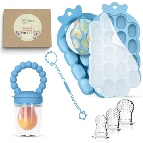 O'doe™ Silicone Fruit Feeder for Babies & Baby Food Feeder with Clip – 1-Pack Freezer Tray with Lid, 18-Hole Teething Dummy Fruit Feeder for Teething Relief, Includes 3 Extra Pacifiers, BPA-Free