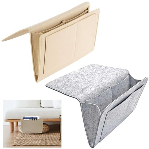 KFSCIP 2Pcs Bedside Organiser, Bedside Pocket Bed Pocket, Felt Bedside Hanging Storage Bag, Bedside Storage Pocket Felt Hanging Organizer Bag for Tablet Phone Remote Keys Magazine (Light Grey, Beige)