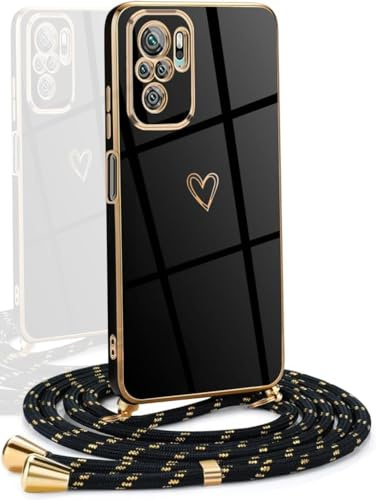 YAMCCCSE Frauen Mädchen Handykette für Xiaomi Redmi Note 10 Pro 4G - Silikon Hülle mit Band - Handyhülle Herz Love Design Galvanik - Hülle mit Kordel in schwarzes