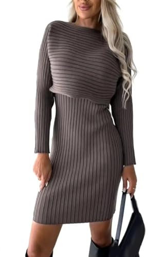 YUEZHAN Hübsche Kleid Kleider Dress 2 Teile/Satz Frauen Top Kleid Anzug Gestreift Gestrickt Ärmelloses Etui Kleid Langarm Loose Top Elastische Kleid Bluse Set M Dunkelbraun