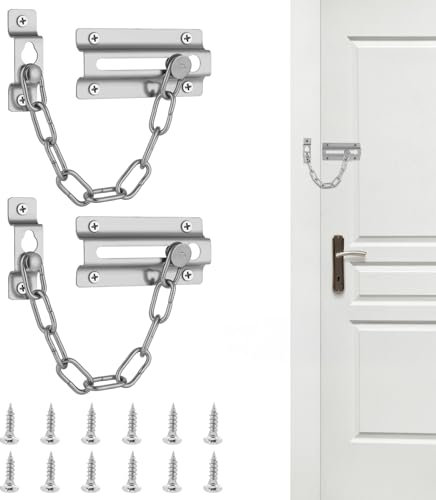 flintronic Cadena Puerta, 2 Piezas Acero Inoxidable Cerradura Cadena Puerta Antirrobo, Cerradura de Cadena de Puerta con Tornillos, para Puertas Interiores y Ventanas de Hoteles Familiares, Plata