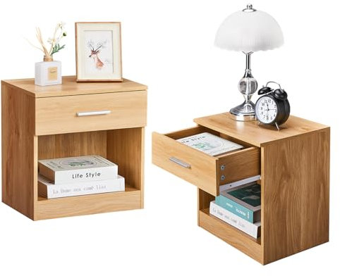 Bonnlo Nachttisch, Kleiner Beistelltisch, Nachtschrank mit Schubladen, Nachtkommode Boxspringbetten, Kommode 30cm breit Schlafzimmer, 39 x 29x 41 cm (2, Eicheholz)