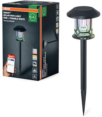 Osram SMART+ Outdoor Bluetooth Solar-Gartenspieß Path, mit regulierbarem Weißlicht (3000K-6500K) + Farblicht, ohne Strom nutzbar, bis acht Stunden Brenndauer, Schutzklasse IP44, schwarz