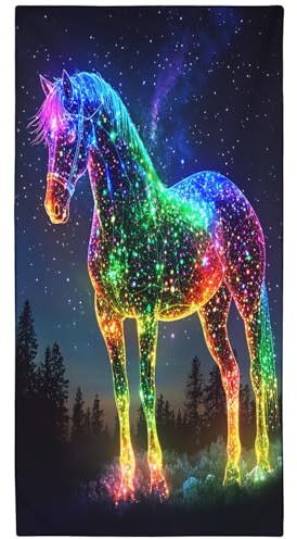 YISUMEI Pferd Sternenhimmel Strandtuch, Mikrofaser XXL Strandhandtuch Leicht Badehandtuch Schnelltrocknend, Lebendiges Neon-Galaxie-Design, 180 x 90 cm