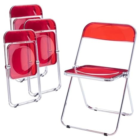 [en.casa] Klappstuhl Pornainen 4er Set Stuhl klappbar Esszimmerstühle 74 x 46 x 47 cm Schreibtischstuhl Belastbarkeit 120 kg Küchenstühle Metallgestell Rot, transparent
