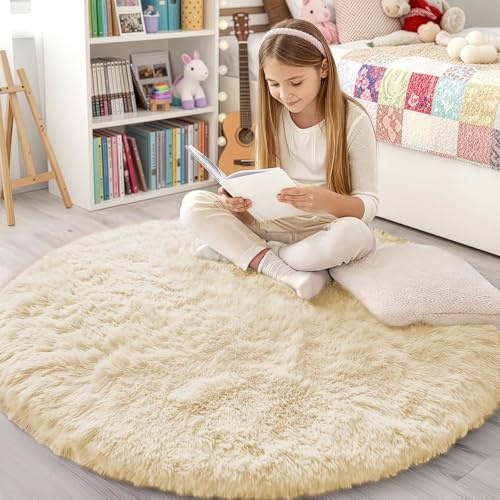smiry Flauschig Hochflor Teppich Wohnzimmer, Rund 120x120 cm, Beige | Rutschfest Waschbarer Moderner Teppiche Kuscheliger Wohnzimmerteppich fürs Kinderzimmer Schlafzimmer