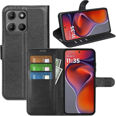 Wigento Klapphülle für Motorola Moto G17 / G15 / Power, Kunstleder Wallet Hülle, Kartenfach, Standfunktion, stoßfest, präzise Aussparungen Handyhülle (Schwarz)