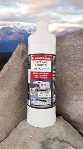 CleanPrince Caravan and Boat Cleaner 1 Litre Ship Caravan Camping Tent Plastic Awning Camper - Rain Streaks, Rubber Streaks, Polishing Residue, Yellowing, Verdigris, Fat, Soot, Diesel Residue, Tar, Fly/Mosquito Marks, Tree Resin and Pollen