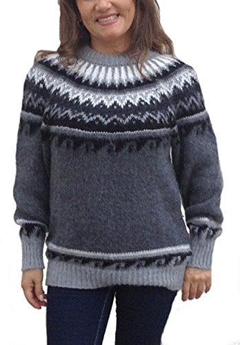 Alpacaandmore Jersey de punto para mujer, cuello redondo, estilo noruego, lana de alpaca, gris, XL