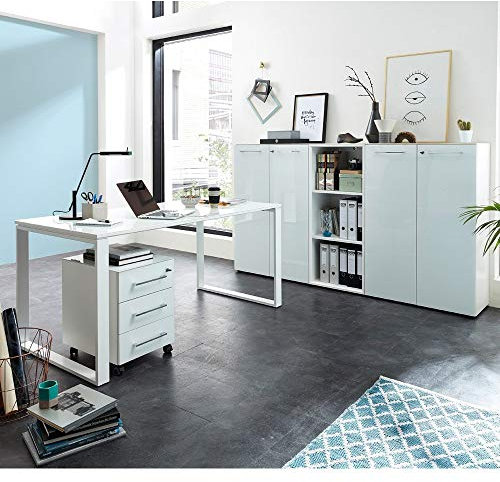 Lomadox Büromöbel Set 5tlg in weiß & edlen Glasfronten und Glasauflagen 160cm Schreibtisch & Glasplatte Metallkufen Rollcontainer 2 abschließbare Aktenschränke Aktenregal & 3D-Rahmen