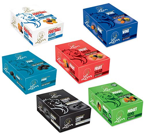 Pick any 2 Lion 2kg Boxes, You Choose the Ones You Want; Lion Midget Gems, Football Gums, Licorice Gums, Wine Gums, Fruit Salad And Poor Bens