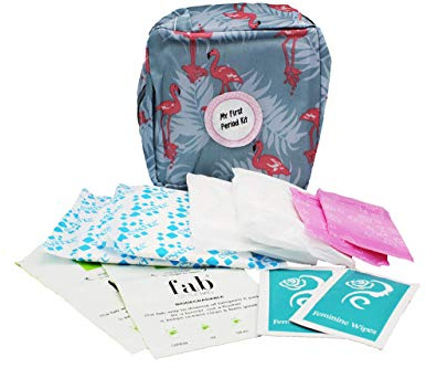 First Period Kit Ready 2-go, Menstruations-Starter-Kit für Teenager/Mädchen, gefüllte Tasche mit allen wichtigen Hygieneartikeln für unterwegs. Geschenk für Sie.