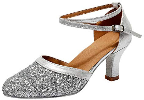 Damen Standard Latein Tanzschuhe Glitzer Mode Elegante Ballsaal Tango Salsa Schuhe Klassische Pumps Brautschuhe Party Hochzeit Weicher Boden Geschlossen Knöchelriemen Celucke (Silber, EU40)