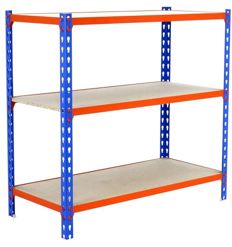 Simonrack Schwerlastregal, Lagerregal, 90x90x30 cm, Metallregal, Kellerregal, Biegestelle 150 kg, 3 Holzfachböden, Blau/Orange/Holz - Maderclick