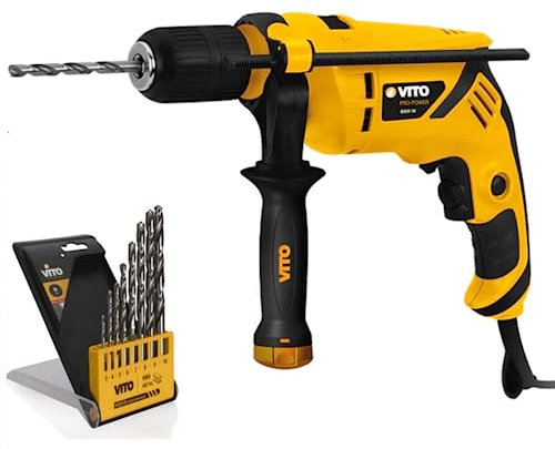 Vitopower - Taladro de percusión (600 W, incluye estuche de 8 brocas de acero – Portabrocas de 13 mm autoajustable)